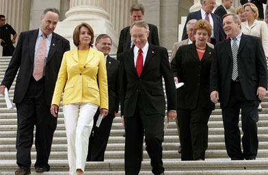 Democrats discuss the 109th Congress before the August recess on the steps of the U.S. Capitol in July.
(Chip Somodevilla / Getty Images)