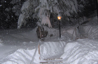 
                    The view from Weigel's back door in winter.  Once the rain turns to snow, there is much shoveling to be done.  Last winter was the snowiest on record at about 200 inches.
                                            (Beth Weigel)
                                        