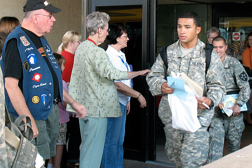
                    The old international arrivals terminal at Dallas Fort Worth Airport has been turned over to military arrivals. At least 100 soldiers a day come through here.
                                            (Julia Barton)
                                        