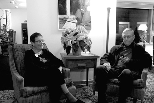 
                    Gracia and Jim Willis sit in their living room during a pre-caucus event on December 14, 2007.  They will be hosting a democratic caucus in their Rockwell City home, Willis Gardens, on January 3, 2008.
                                            (Sarah Mercier)
                                        