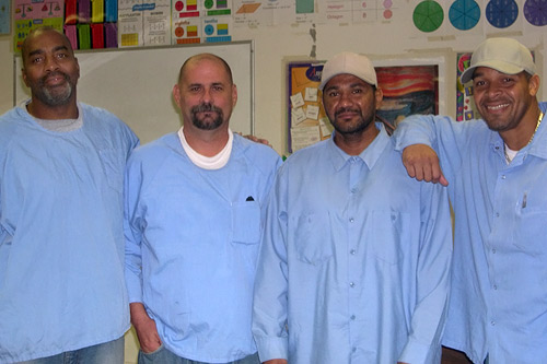Inmates at Pleasant Valley State Prison in Coalinga. All four men have life sentences. Coalinga became one of the fastest growing cities in California when the town decided to annex the prison, and count inmates as new residents.
(Krissy Clark)