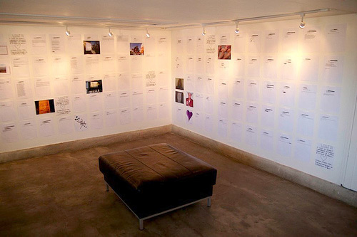 For the artist's 'Lost Heart' project, Poughkeepsie postered neighborhoods all over greater LA, inviting strangers to share their stories of heartbreak via email. The many responses that poured in ranged from humorous to disturbing. Poughkeepsie lined a section of the gallery with print outs from these emails.
(Tito da Costa)