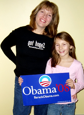 Barbara Petrocelli poses here with her daughter Lizzy, aged 10. Last year, Petrocelli's frustration with the Bush administration spurred her recent involvement with the political process. She spends many weekends canvassing New Hampshire neighborhoods and often brings Lizzie along with her.
(William Petrocelli)