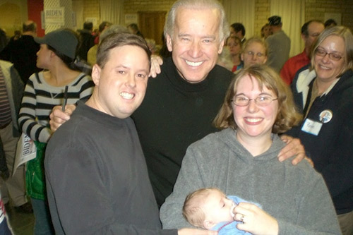 
                    Dad Michael, mom Lauren and baby William Joseph McNarney smile with Del. Senator Joe Biden at the Italian-American Cultural Center in Des Moines on Dec. 26, 2007.
                                            (Courtesy Michael McNarney)
                                        