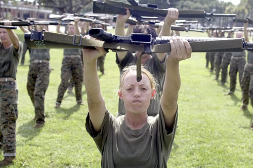 Female Marine Corps recruit Kylieanne Fortin undergoes close combat training in 2004 in Parris Island, S.C.
(Scott Olson / Getty Images)