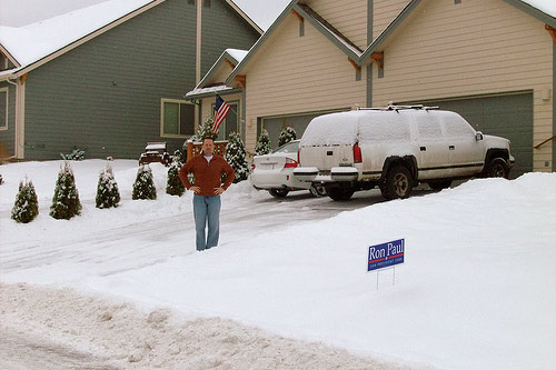 
                    Ron Paul's Montana headquarters is also known as the home of David Hart, Paul's sole paid Montana staff member. Inside is an overflowing desk adjacent to Hart's bed. Between 18-hour days and six hours of sleep, Hart rarely leaves his bedroom.
                                            (John Moe)
                                        