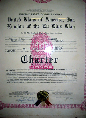 This charter for a Florida chapter of the Ku Klux Klan was another item from the estate of the late Robert E. Miles that was included in a 2005 auction of Klan memorabilia in Howell, Mich. Miles, who died in 1992, was a grand dragon of the Ku Klux Klan and owned property near Howell. When Miles hosted rallies and meetings on his farm, many Klan members would come and stay at Howell hotels and patronize the town's businesses.
(Desiree Cooper)