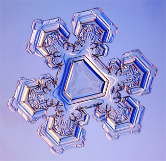 Snowflakes can form into little triangles, or triangular crystals, when the temperature drops to 28 degrees Fahrenheit. These crystals are relatively rare, and the reason for their triangular shape is as yet unknown.
(Kenneth Librecht)