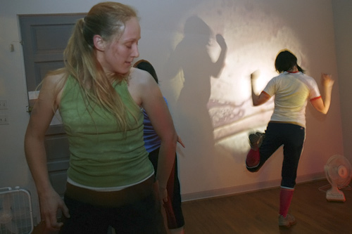 
                    Krejny (left) does her version of the pony while Kristen Studdard leaps toward the light.
                                            (Jasmin Shah)
                                        