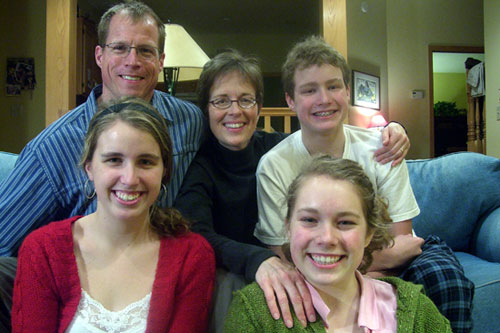 The family that speaks baloney together, stays together. Here Chris B. is pictured with her husband and three children.
(Chris B.)