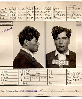 
                    Alphonse Bertillon created anthropometry, a detailed identification system based on physical measurements, in 1882. The card accompanying this mug shot shows some of these distinct measurements taken upon arrest. The Bertillon system was replaced by fingerprinting not long after it was widely adopted.
                                            (Courtesy Steidl & Partners Publishing)
                                        