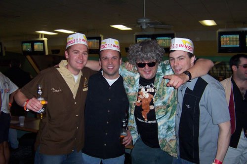 
                    Kris Pfotenhauer (left most), Scott Babin, Jeff Dowd (the real-life Dude) and Matt Prater (right) at Lebowski Fest in Las Vegas, Nev.  Matt's nomination, of course, is "the Dude abides."
                                            (Courtesy of Matt Prater)
                                        