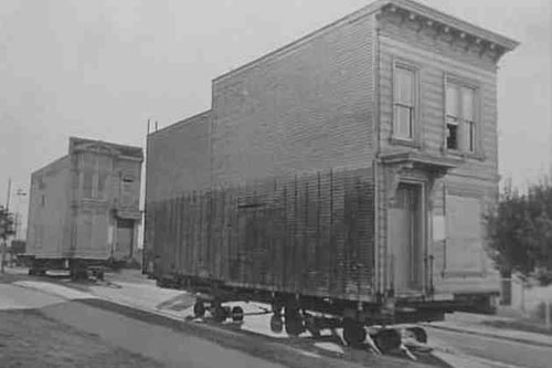 
                    Houses being moved during the Fillmore District redevelopment project.
                                            (Courtesy of KQED)
                                        