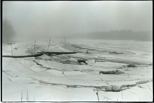 The frozen Abagadasset River at the end of the season, after Leighton's shacks have been packed away for another season.
(Sarah Breul/Salt Institute for Documentary Studies)