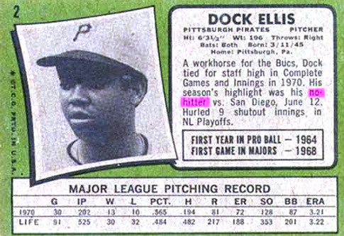 Former Pittsburgh Pirates pitcher Dock Ellis' stat card with his 1970 no-hitter highlighted.
(The Baseball Reliquary)
