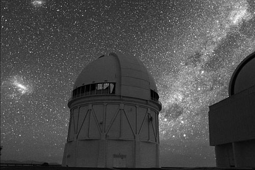 The Blanco Telescope at the Cerro Tololo Inter-American Observatory, high in the Andes in Chile. This digital image was recorded with a sensitive detector intended for astronomical imaging -- the observatory is lit solely by starlight.
(Roger Smith/AURA/NOAO/NSF)