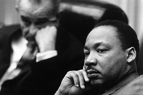 
                    The Rev. Martin Luther King, Jr., meets with President Lyndon B. Johnson in March 1966 at the White House to discuss civil rights legislation.
                                            (National Archive/Newsmakers)
                                        