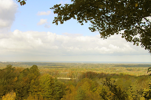 Gildersleeve Mountain rises nearly 700 feet above Lake Erie. On clear days, one can see more than 100 miles of spectacular views. Here the blue waters of Lake Erie are highlighted by fall colors. The Canadian shore is over the horizon, 57 miles to the northwest.
(Haans Petruschke)