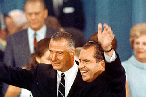 Richard Nixon and Spiro Agnew celebrate their nomination as the Republican candidates for president and vice president at the Republican National Convention in 1968.
(Ollie Atkins Photograph Collection, Special Collections & Archives, George Mason University Libraries)