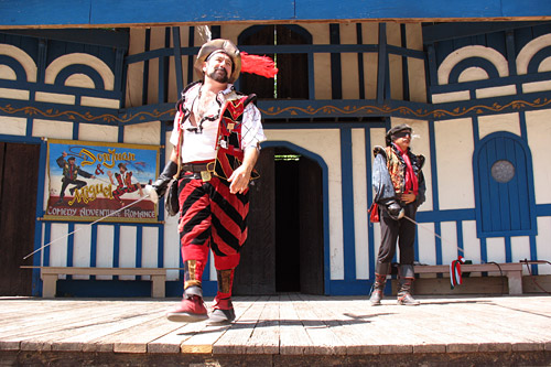 Doug Kondziolka (left), aka Miguel, and Jose Granados, aka Don Juan, perform in "The Don Juan and Miguel Show", a fixture of the Dallas' Scarborough Faire Renaissance Fair for 24 years.
(Julia Barton)