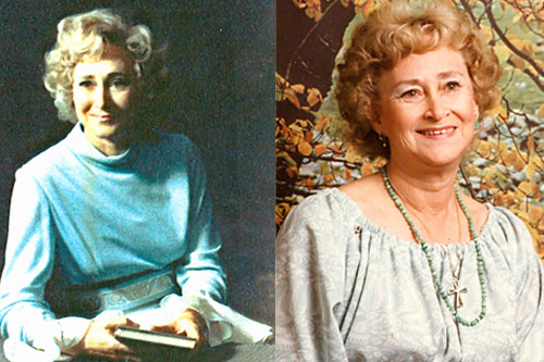Weekend America listener Julia Dole's mother Wilhelmina in side-by-side photos: On the left is Wilhelmina in the 70s, after her rhinoplasty surgery, and on the right is a birthday portrait of Wilhelmina when she was 70-something.
(Courtesy Julia Dole)