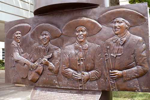 A close-up of the statue honoring Mariachi Estrella in downtown Topeka. Pictured here are the four women who died in the Hyatt Regency disaster. Left to right: Dolores Galvan, Connie "Chae" Alcala, Dolores Carmona and Linda Rokey Scurlock.
(Sylvia Maria Gross)