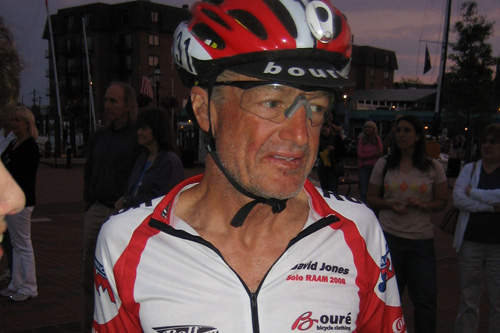 
                    A sunburnt and unshaven David Jones moments after crossing the finish line in Annapolis, Md. He made it across the USA in 11 days, three hours and 25 minutes, at a speed of 11.27 mph.
                                            (Courtesy Candyce Deddens)
                                        