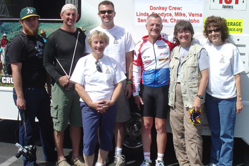 
                    David Jones and his crew minutes before the start of the Race Across America. His sister Candyce is to his left. She was his crew chief.
                                            (Courtesy Candyce Deddens)
                                        