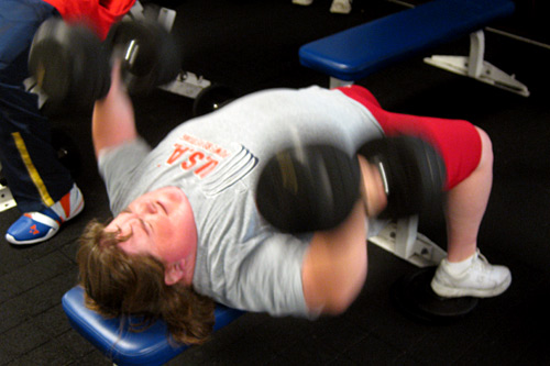 
                    Stack on the dumbbell bench as part of her training for Beijing.
                                            (Gideon D'Arcangelo)
                                        