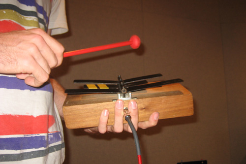 
                    One of NOMO's handmade amplified kalimbas.  Due to the wide tines, this kalimba emits some low tones.
                                            (Marc Sanchez)
                                        