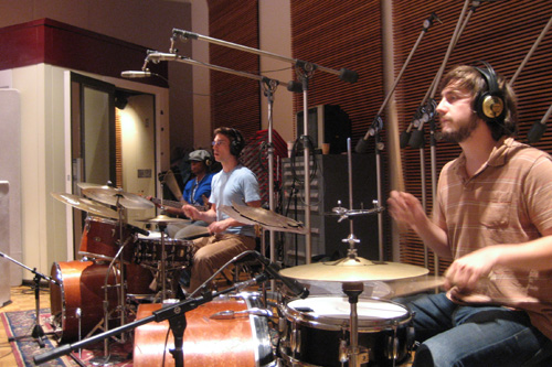 
                    The NOMO rhythm section: Quin Kirchner(drums inset), Dan Piccolo (drums middle) and Jamie Register (bass).
                                            (Marc Sanchez)
                                        