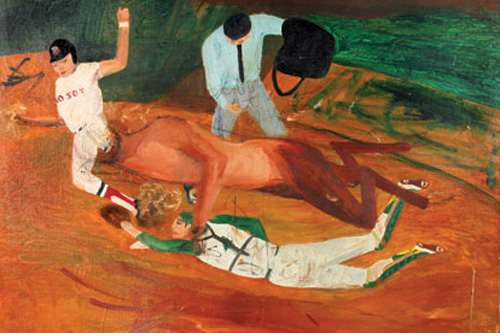 
                    "Safe At Home" by Anonymous. Curator Michael Frank says the most intriguing thing about this painting to him is that the runner is approaching home plate from the left.
                                            (Courtesy Museum of Bad Art)
                                        