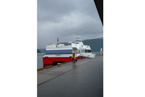 
                    The bike ride officially begins in Sauda, a two-hour ferry ride from Finnoy deep into the fjords.
                                            (Leif Larsen)
                                        
