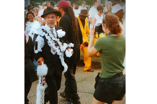Mr. Harrison as the Grand Marshal of the Tambourine and Fan Super Sunday Parade. During the parade, a plane flew overhead with a banner proclaiming Harrison as the Grand Marshal. The parade features a host of Mardi Gras Indians, who honor and claim a shared heritage with the American Indians who sheltered runaway slaves. Mr. Harrison is related to Big Chief Donald Harrison, Sr. of the Guardians of the Flame.
(Curt Peters)