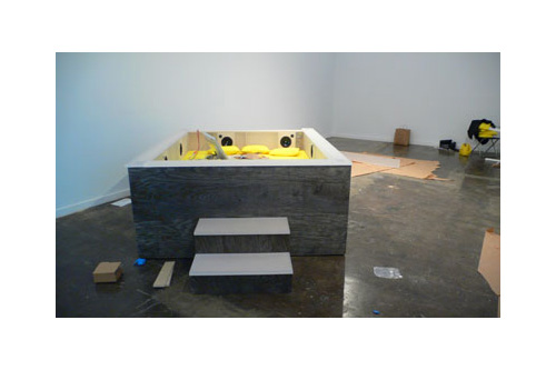 
                    Sonic Bed Marfa nearing completion.  Artist Kaffe Matthews has designed five other site-specific sonic beds.  In addition to hearing the sounds of Marfa, each bed is designed using local woods and fabrics.
                                            (Kaffe Matthews)
                                        