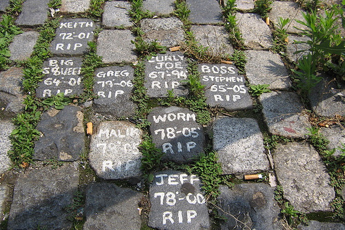 Yong Lee painted each cobblestone with the kind of white paint you'd use to paint the exterior of a house. Most of the names listed on the memorial are either just nicknames or first names.
(Jonathan Menjivar)