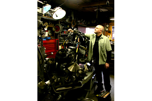 
                    Steve Hamel and his 1950 Vincent motorcycle.  He hopes to take it up to 200 miles per hour someday.
                                            (Ariel Kitch)
                                        