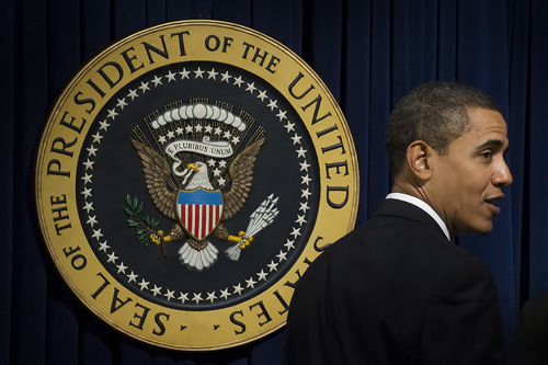 President Barack Obama speaks during a ceremony in the Eisenhower Executive Office Building to swear in his staff in Washington, DC, January 21, 2009.
(Jim Watson/AFP/Getty Images)
