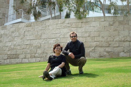 Regina Mok and Charlie Schroeder take a break while visiting the Getty Center in Los Angeles. Mrs. Mok was thrilled to walk on the grass. She lives in Hong Kong, where many grassy areas are roped off.
(Courtesy Charlie Schroeder)